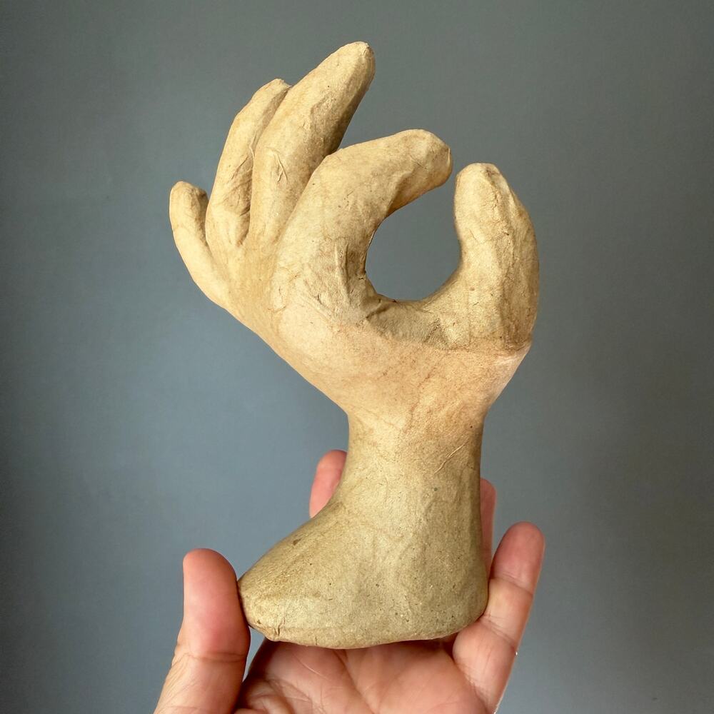 Paper Mache Hand Sculpture OK Sign Jewelry Display Brown Modern Decor